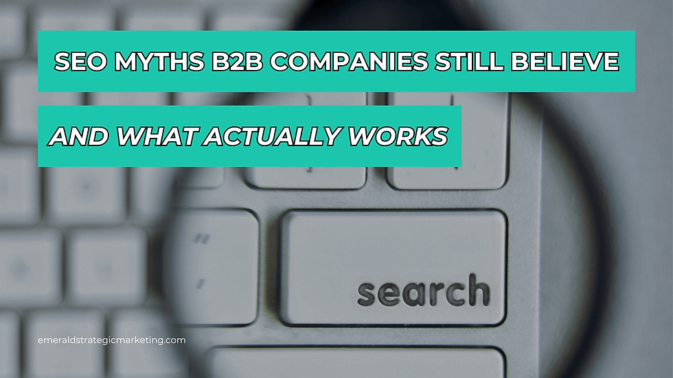 A keyboard with a zoomed in look at the search key. Text: SEO Myths B2B Companies Still Believe And What Actually Works.