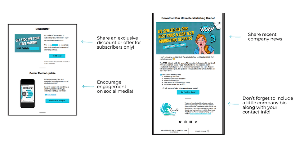 Two screenshots of our newsletter, The Marketing Minute, with an exclusive discount, social media shares, company updates, and our bio.