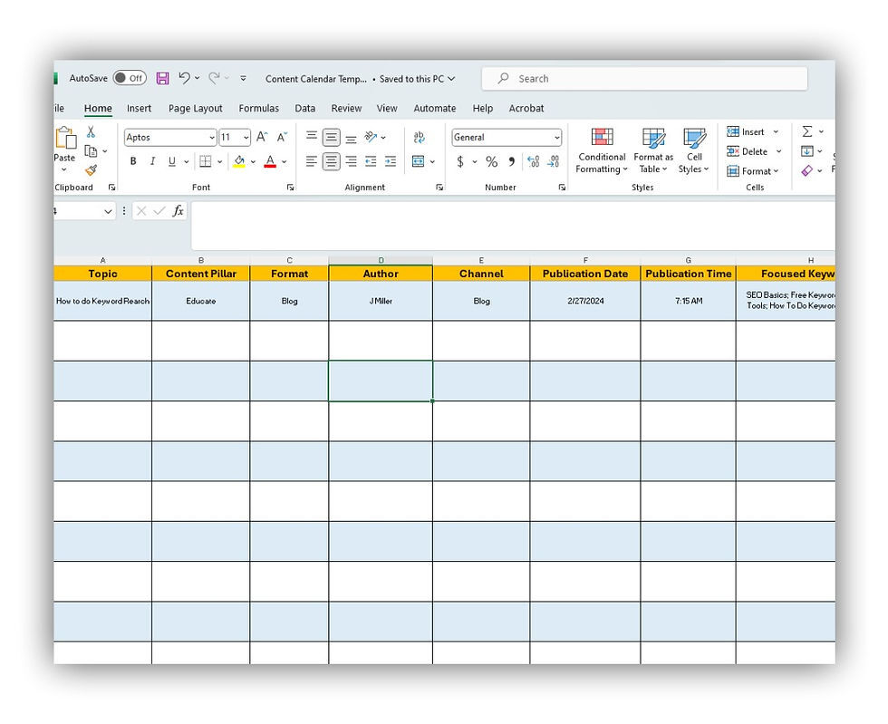 A screenshot of the content calendar spreadsheet