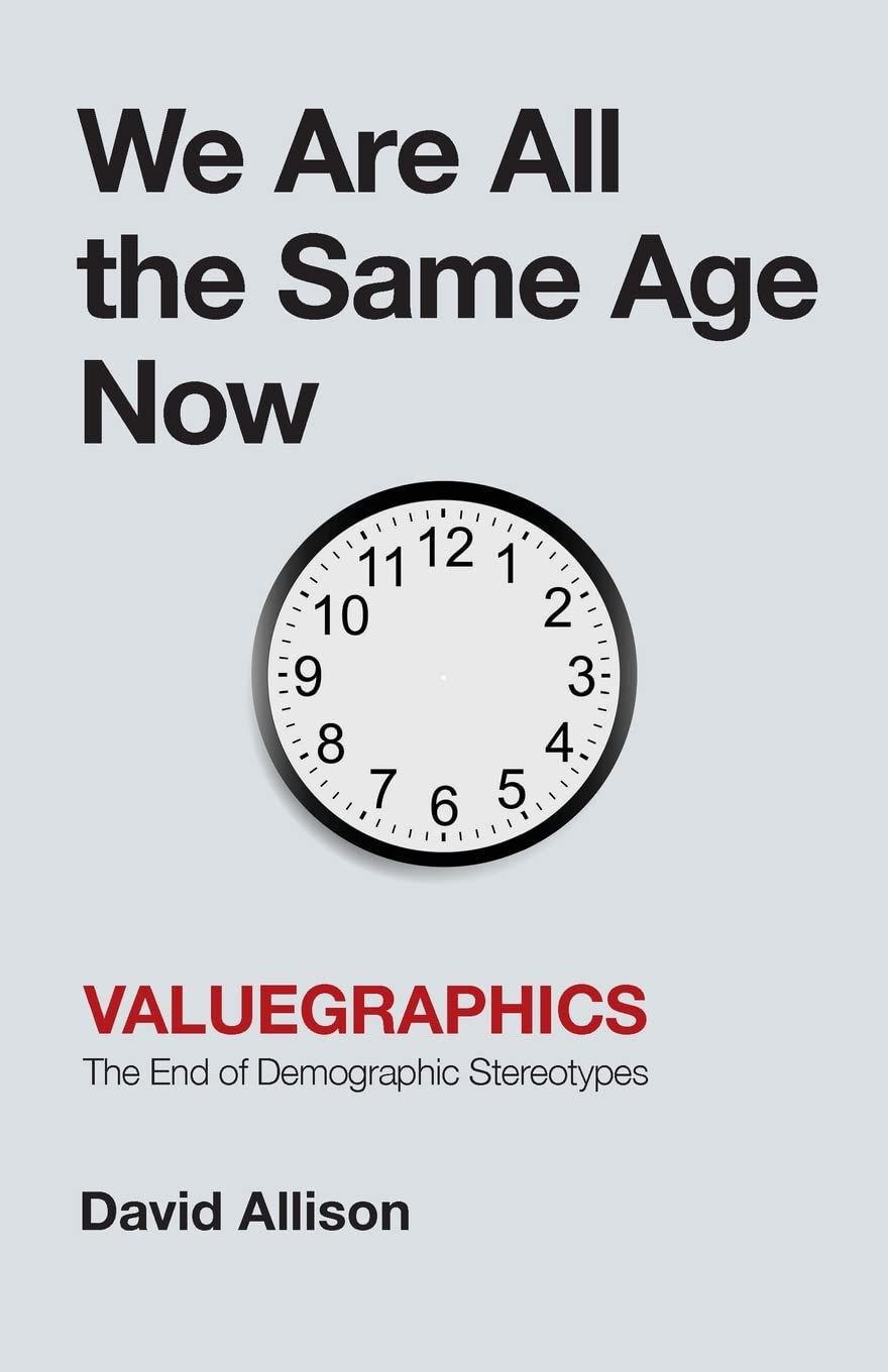 The cover of the We Are All The Same Age Now book. There is an analog clock in the middle with no minute or hour hands.