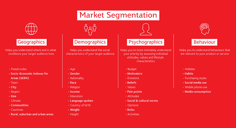 A chart showing different ways a group can be segmented for marketing purposes.