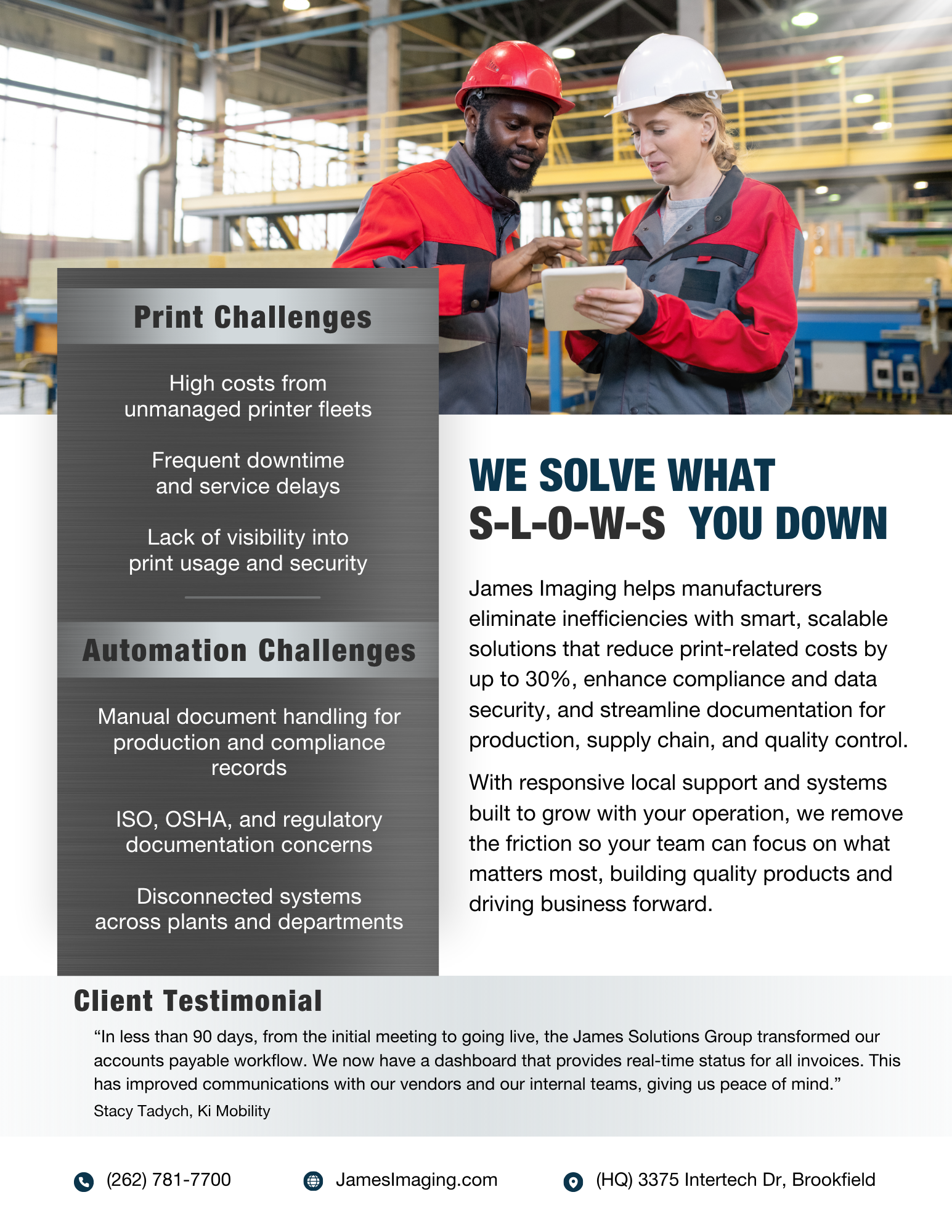 The back of the James Imaging Systems flyer targeting manufacturers.