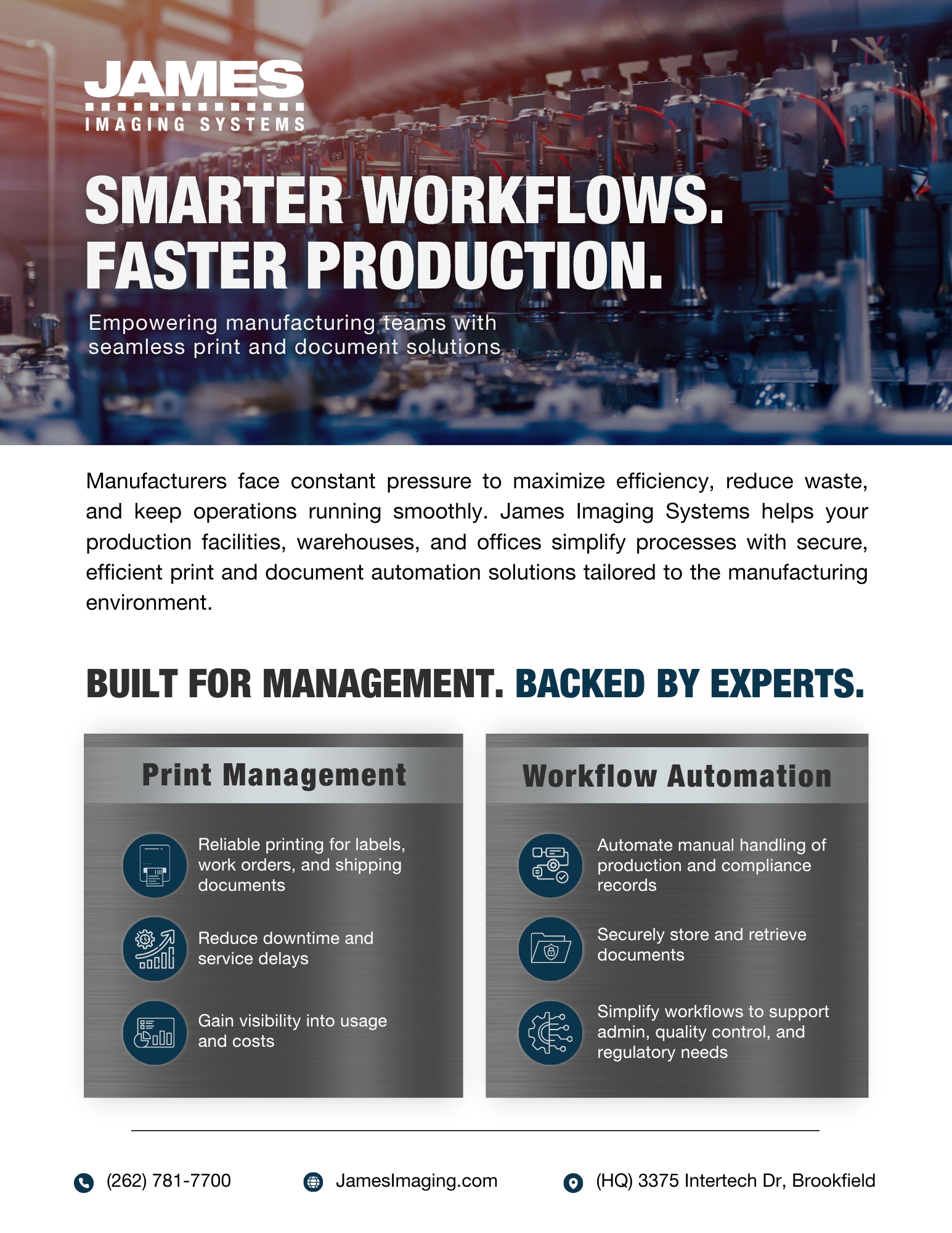 The front of a manufacturing specific hand-out for James Imaging Systems